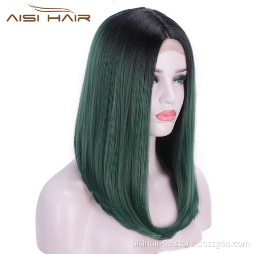 Aisi Hair Synthetic Silky Straight Lace Front Wigs Ombre Green Middle Part Lace Front Cosplay Bob Wigs for Women